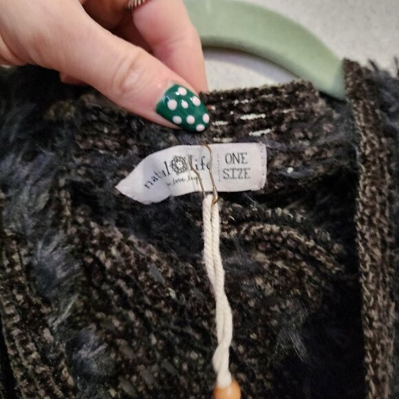 NATURAL LIFE Boho Knit Fringe Poncho Faux Fur Trim Plush wrap Brown One Size‎ - Picture 4 of 5